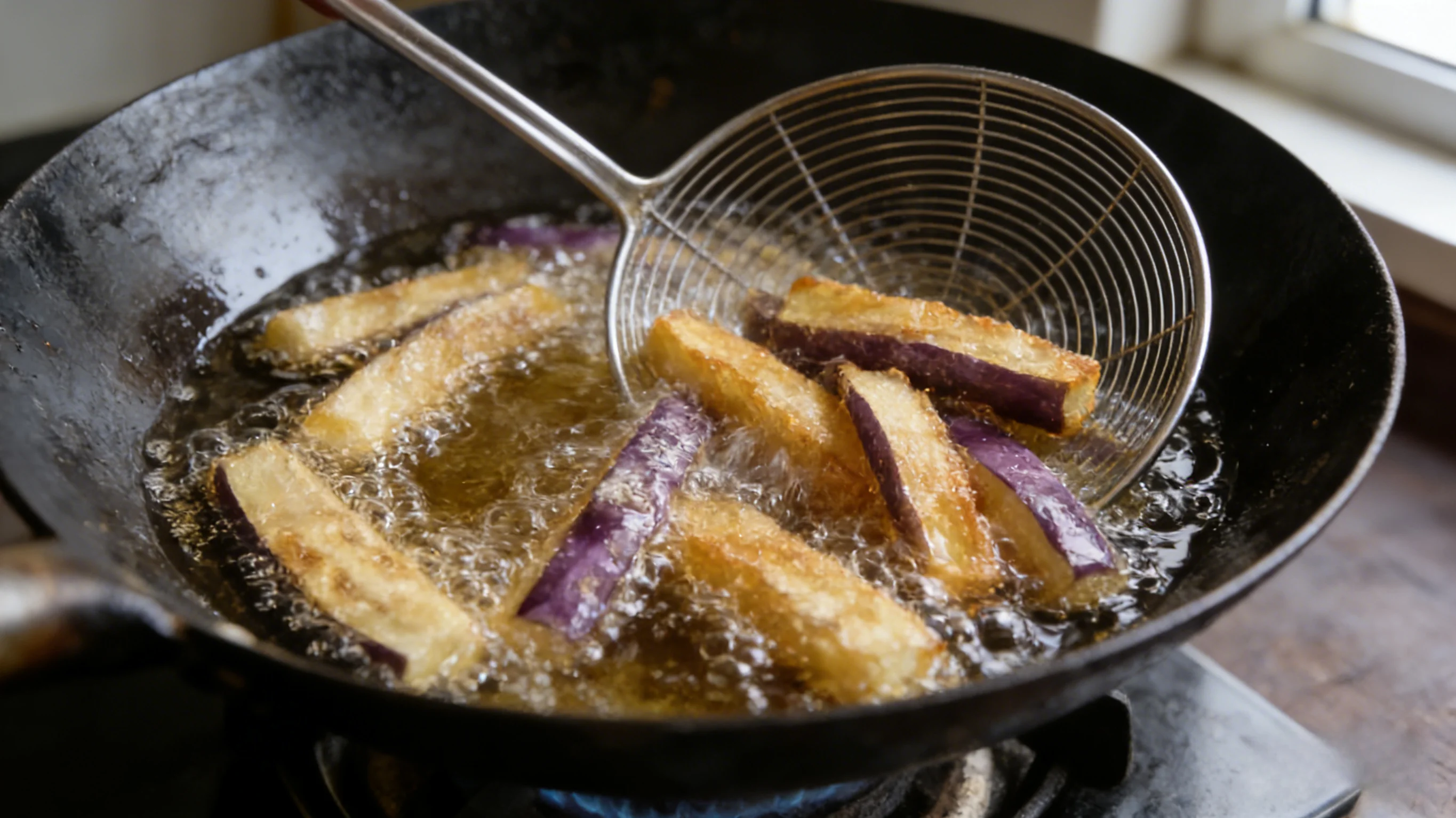 Deep frying eggplant strips in a wok until golden