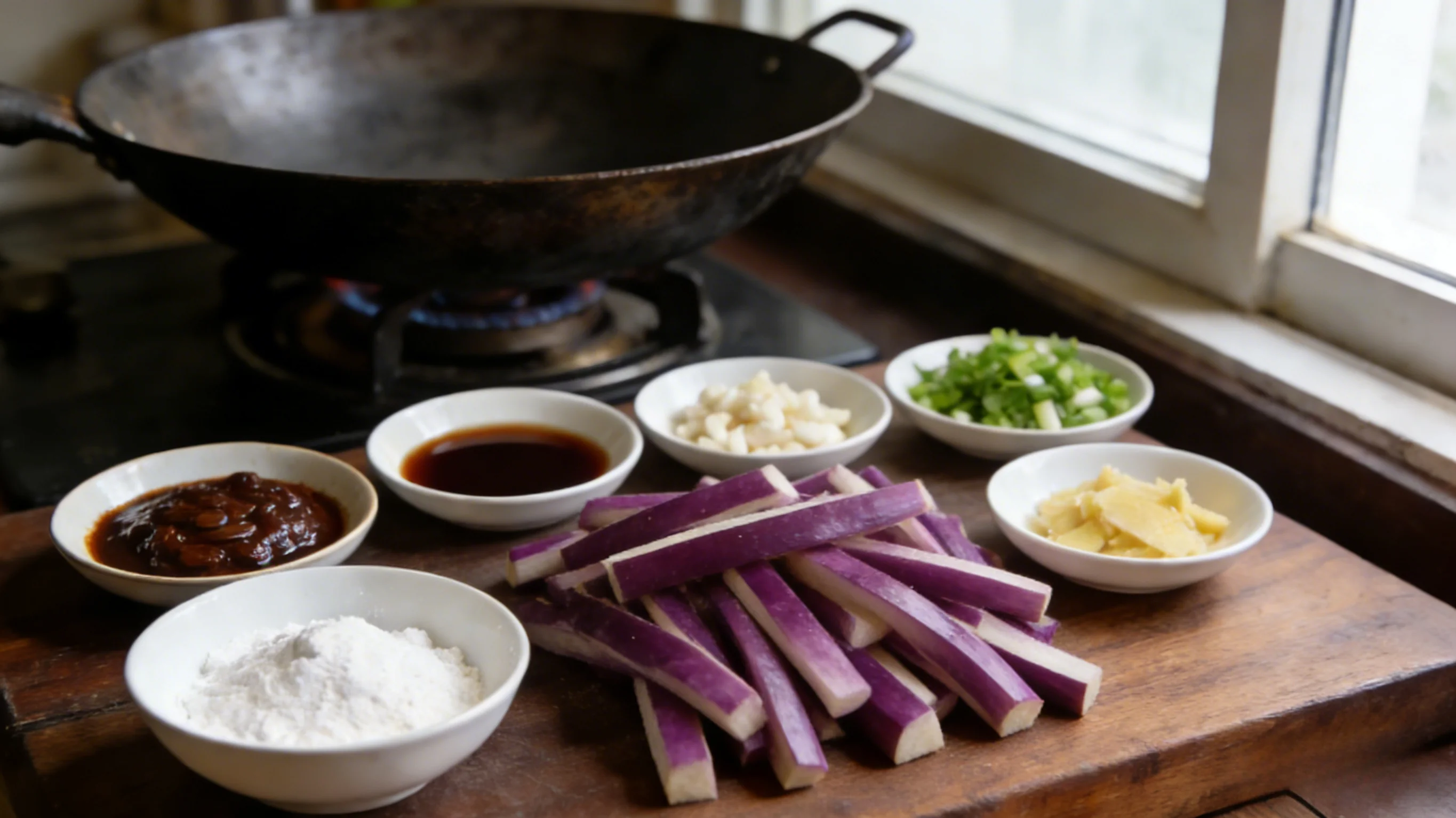 Fresh ingredients for sauce glazed eggplant including soybean paste and cornstarch