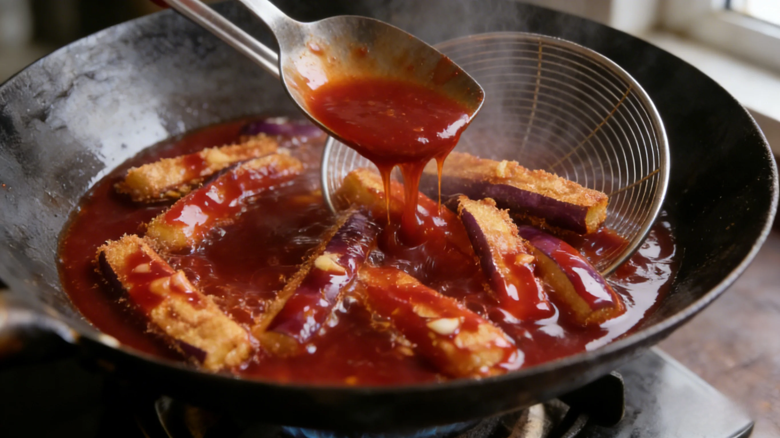 Tossing fried eggplant in rich brown sauce in wok